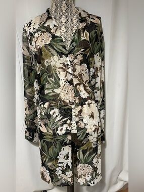 Women’s INC Flowy Plus Sz XXL Black Floral Print Long Duster Tunic Has Adj Ties
